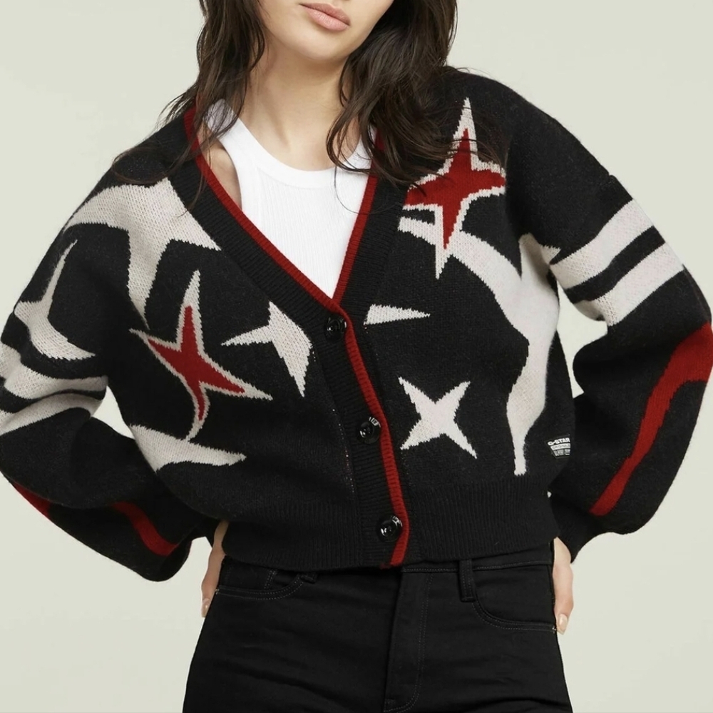 G-Star Knit Cardigan Sweater Loose Fit  Festive Wool Blend Graphic Star L NWT - Picture 10 of 10